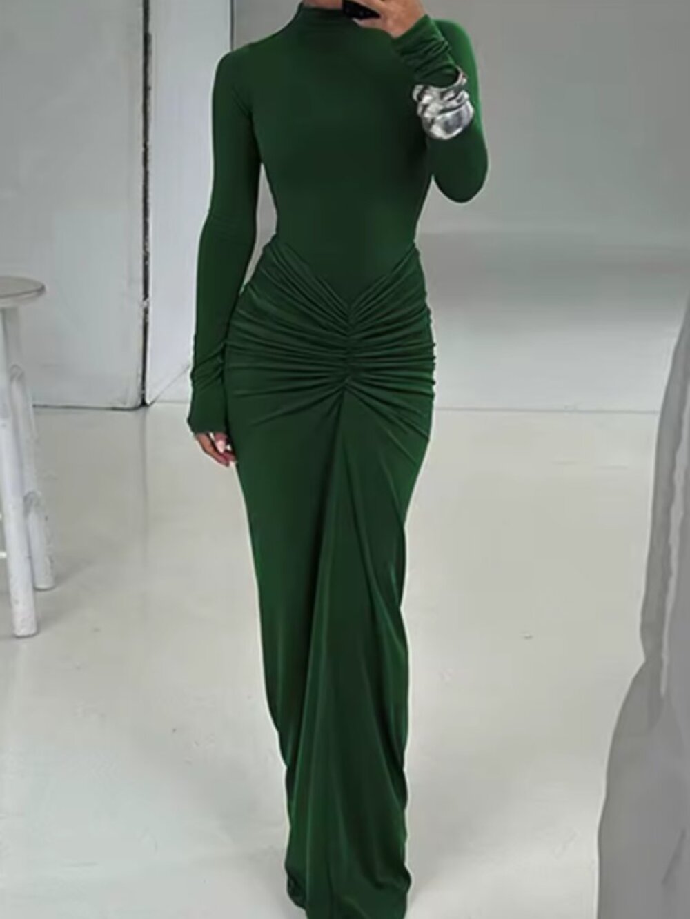 Emerald Green Elegant Women's Ruched Slim Waist Dress Size: S NEW